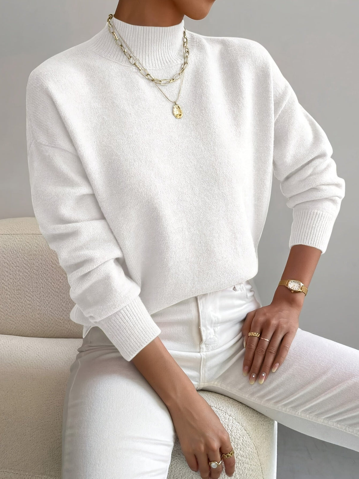 Pull Femme Maille Côtelée – Col Montant Manches Longues Chaud | Style Casual Hiver