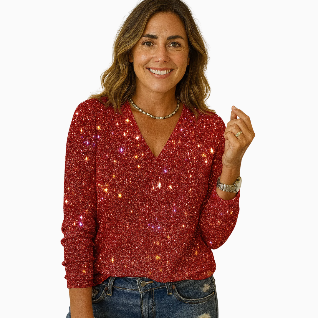 Pull femme col en V manches longues effet pailleté coupe droite