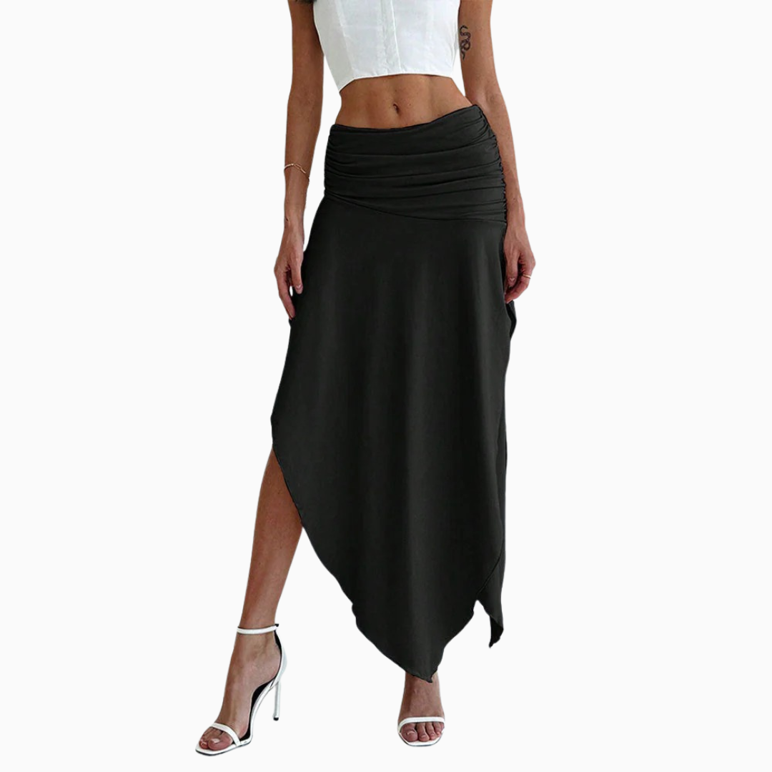 Jupe maxi femme taille haute ourlet asymétrique high low fente latérale longueur cheville