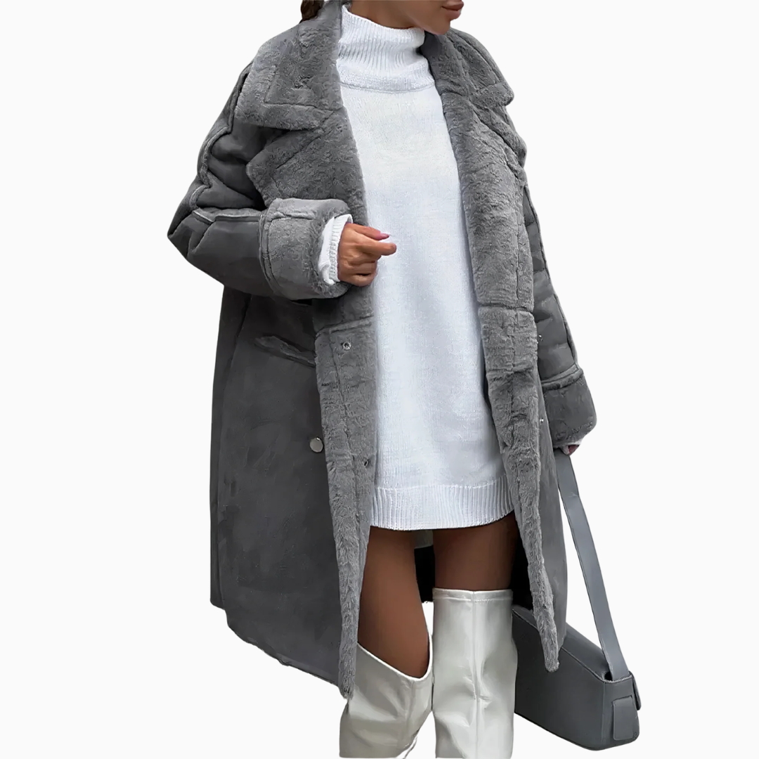 Manteau Long Femme Style Peau Retournée – Veste Hiver Double Boutonnage