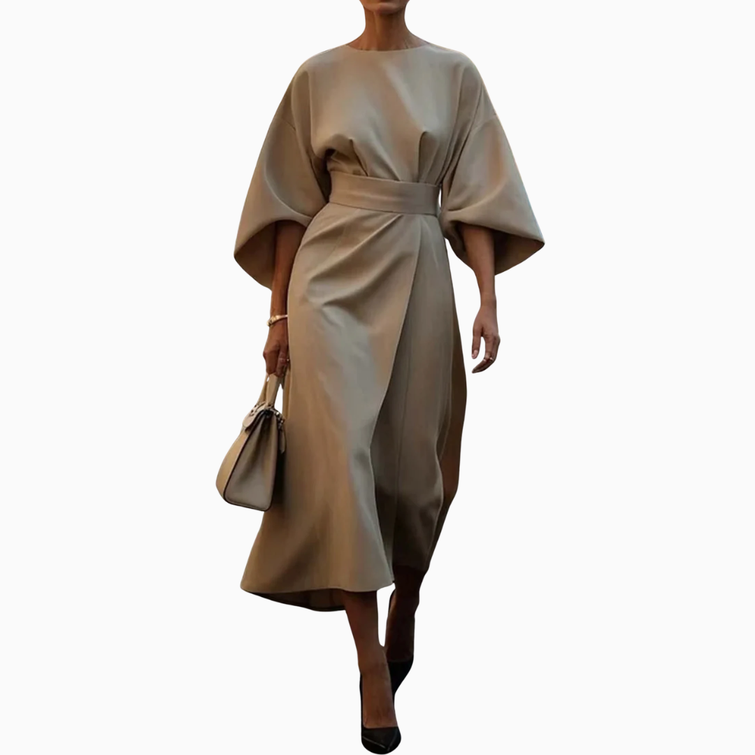 Robe midi femme encolure ronde manches larges ceinture taille coupe droite