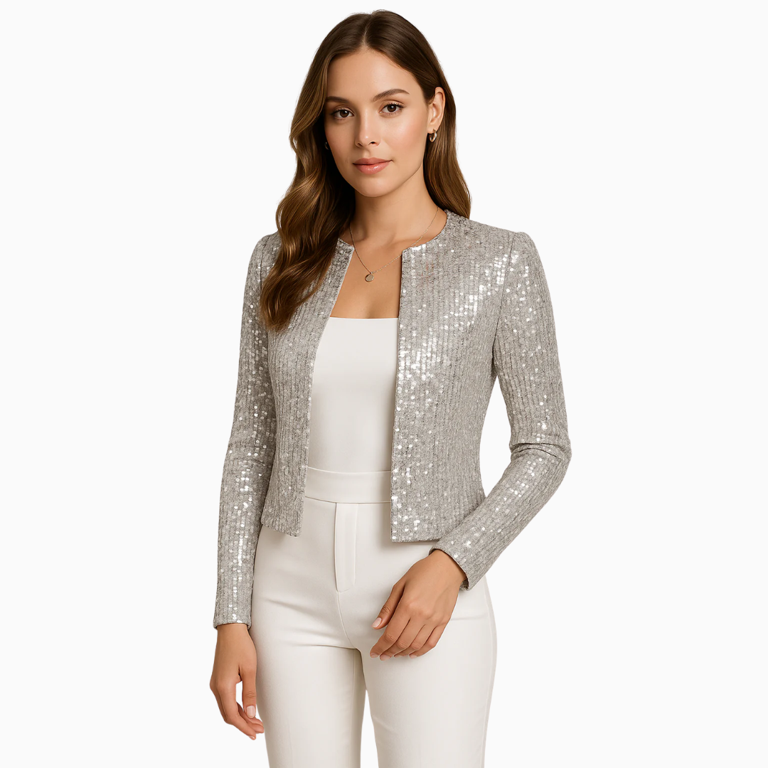 Veste femme effet pailleté manches longues coupe cintrée ouverte devant