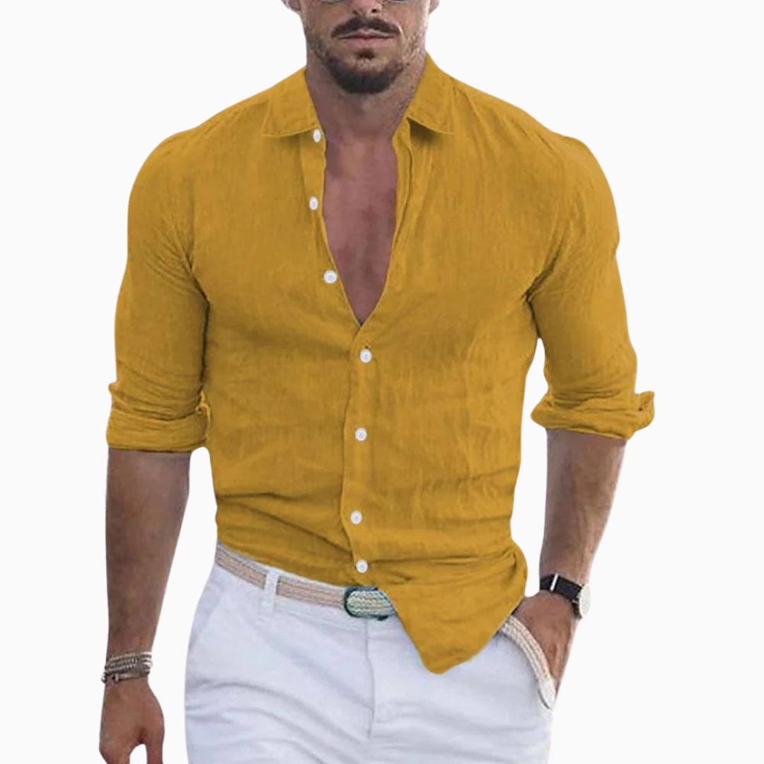 Alessio chemise homme en lin manches longues col ouvert style casual