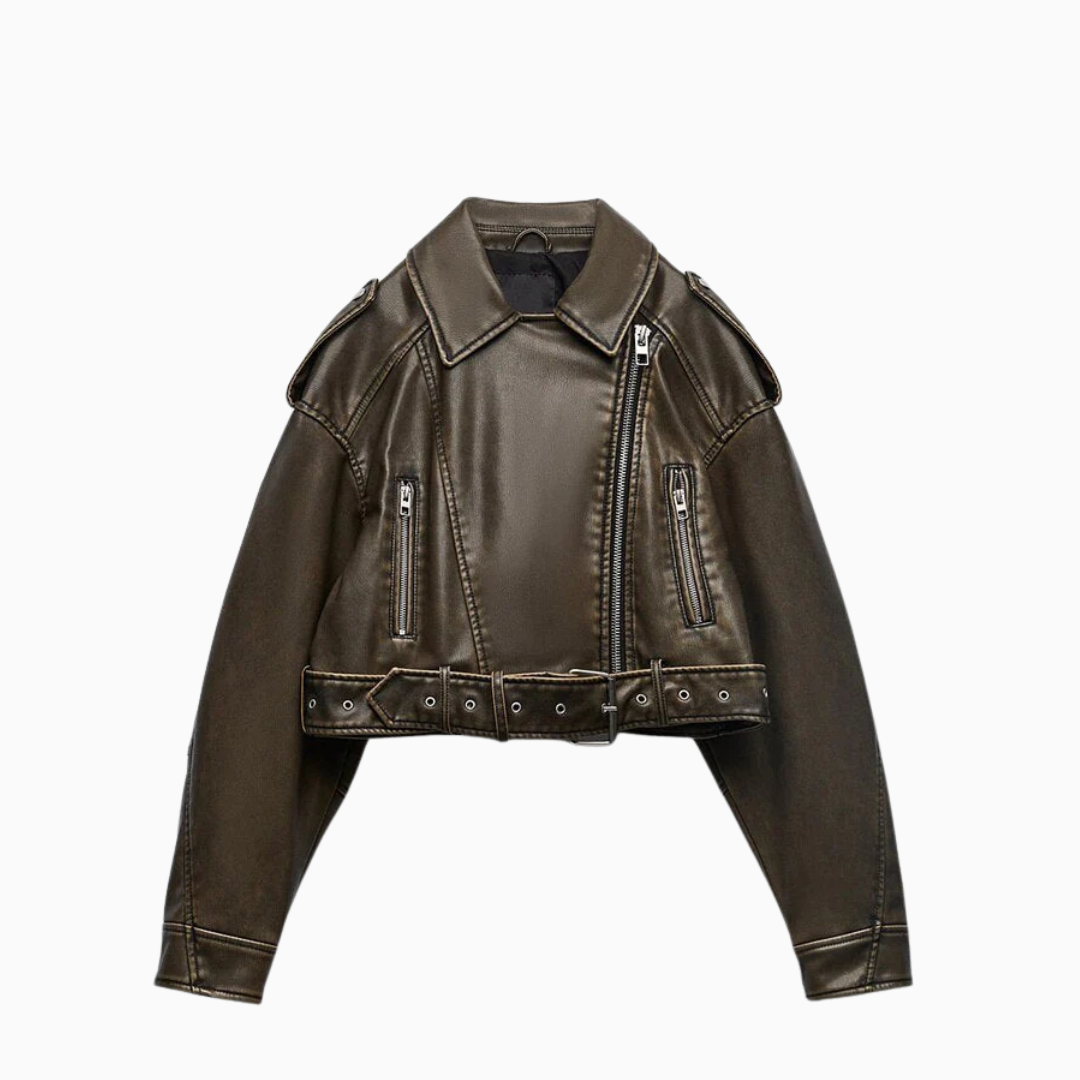 Veste Femme Courte en Cuir Zippée avec Ceinture Design Moderne