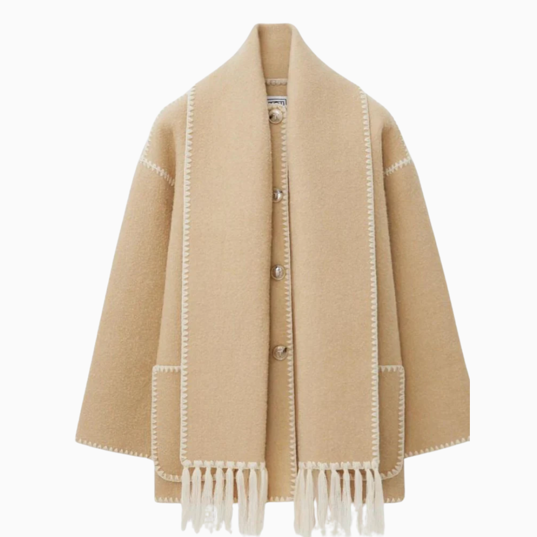 Manteau Femme en Maille avec Finitions Contrastées et Écharpe Intégrée