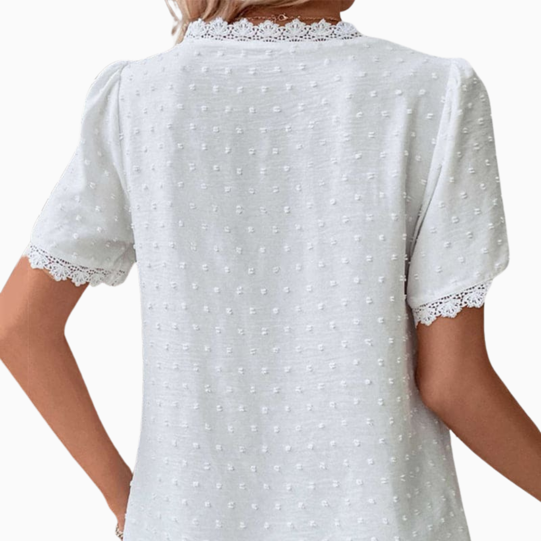 Blouse Femme avec Finitions en Dentelle et Détail Texturé Haut Élégant à Manches Courtes