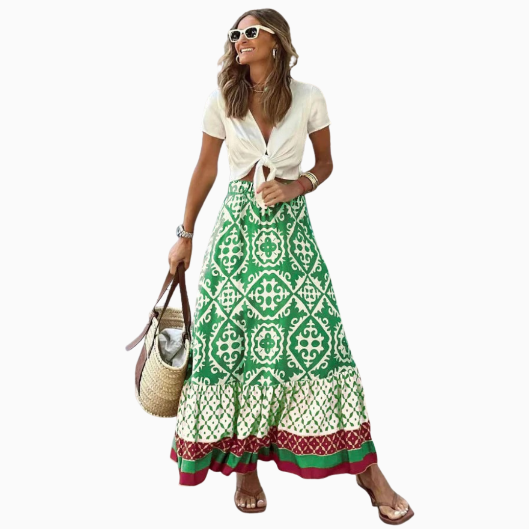 Jupe longue bohème femme taille haute ceinture élastique imprimé mixte ourlet volanté