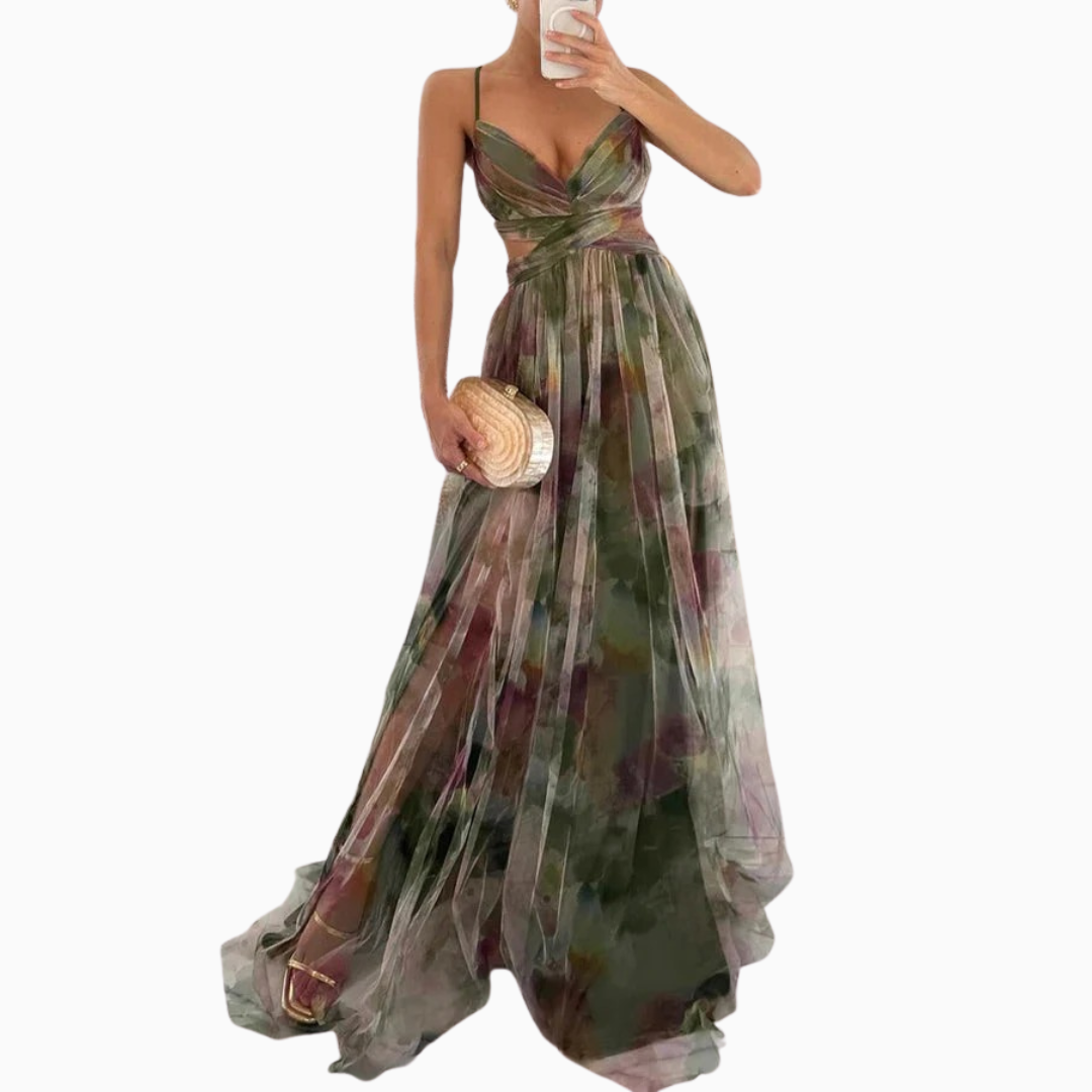 Robe maxi femme col en V bretelles fines buste froncé jupe plissée imprimé floral