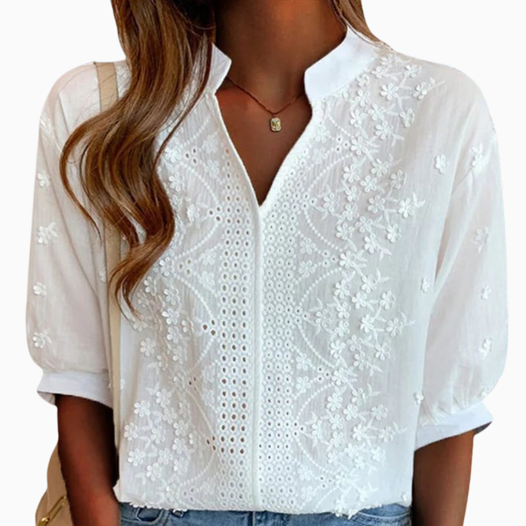 Blouse Femme Brodée en Dentelle Manches Mi-Longues Style Élégant Décontracté