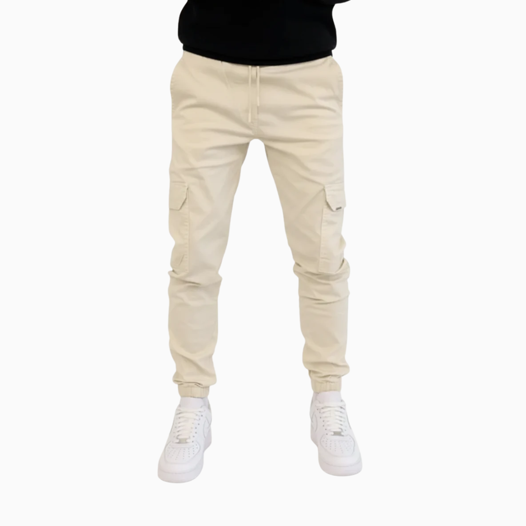 Pantalon cargo jogger homme taille élastique cordon de serrage coupe slim chevilles resserrées