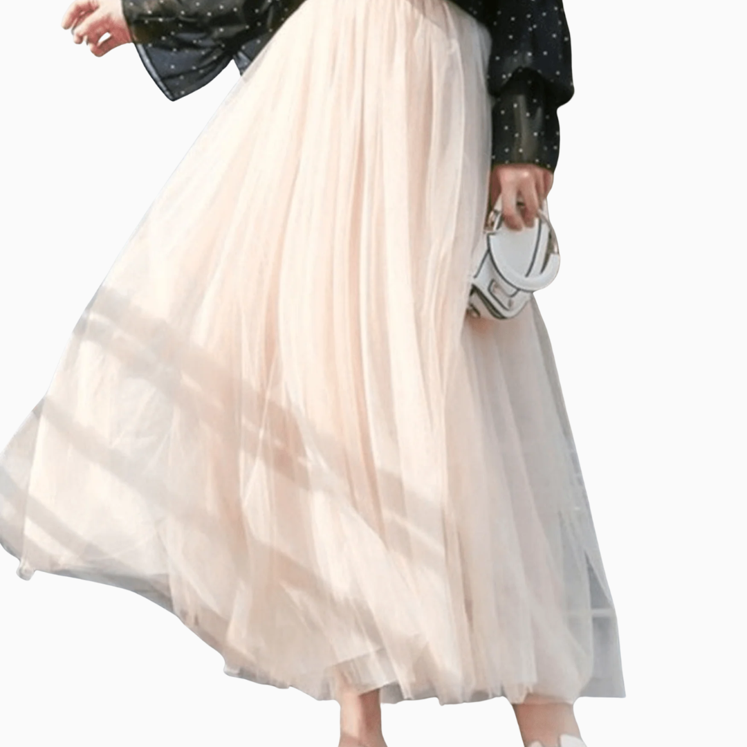 Jupe longue en tulle femme taille haute ceinture élastique superposition en maille coupe fluide