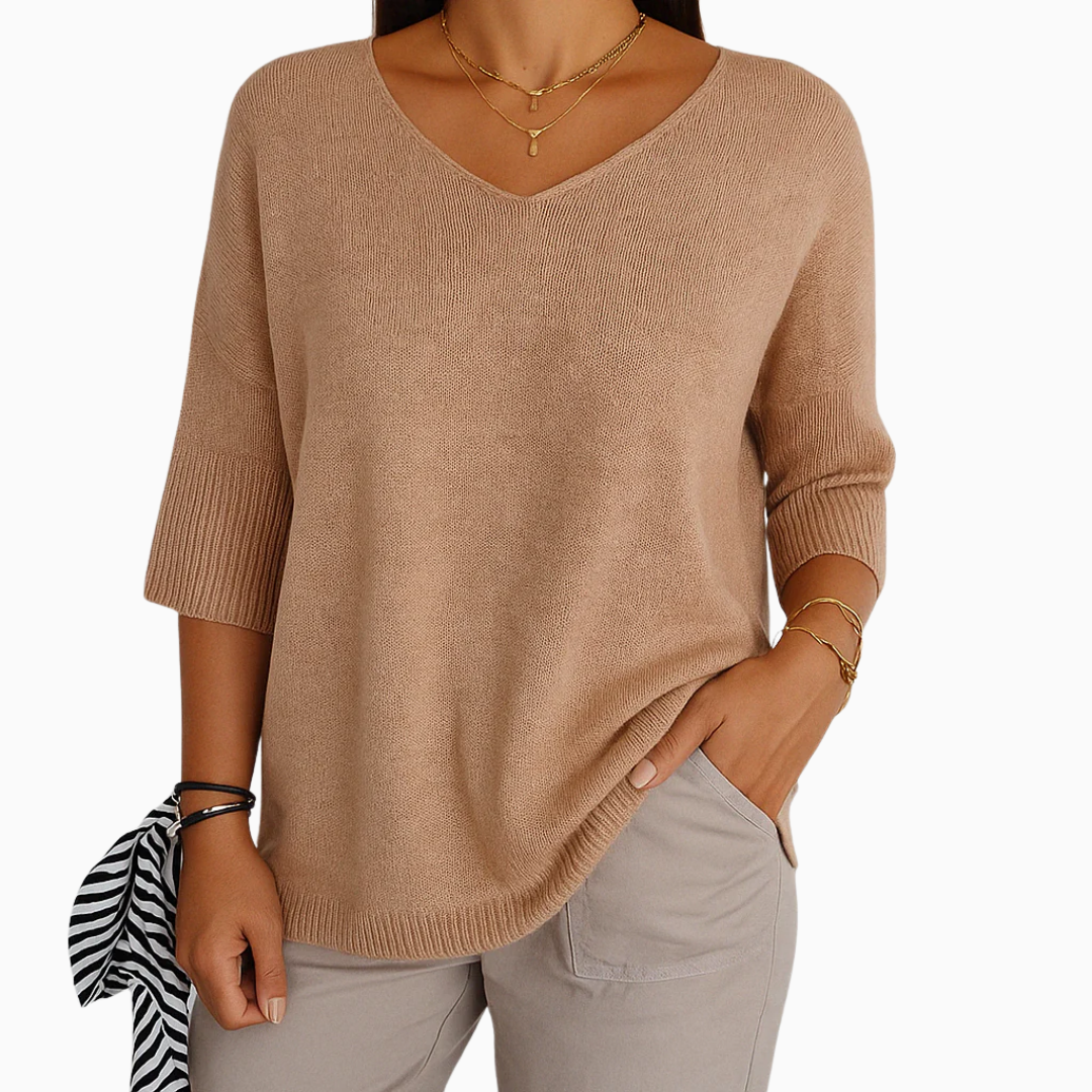Pull Femme Col V Maille Légère Manches Courtes Coupe Décontractée