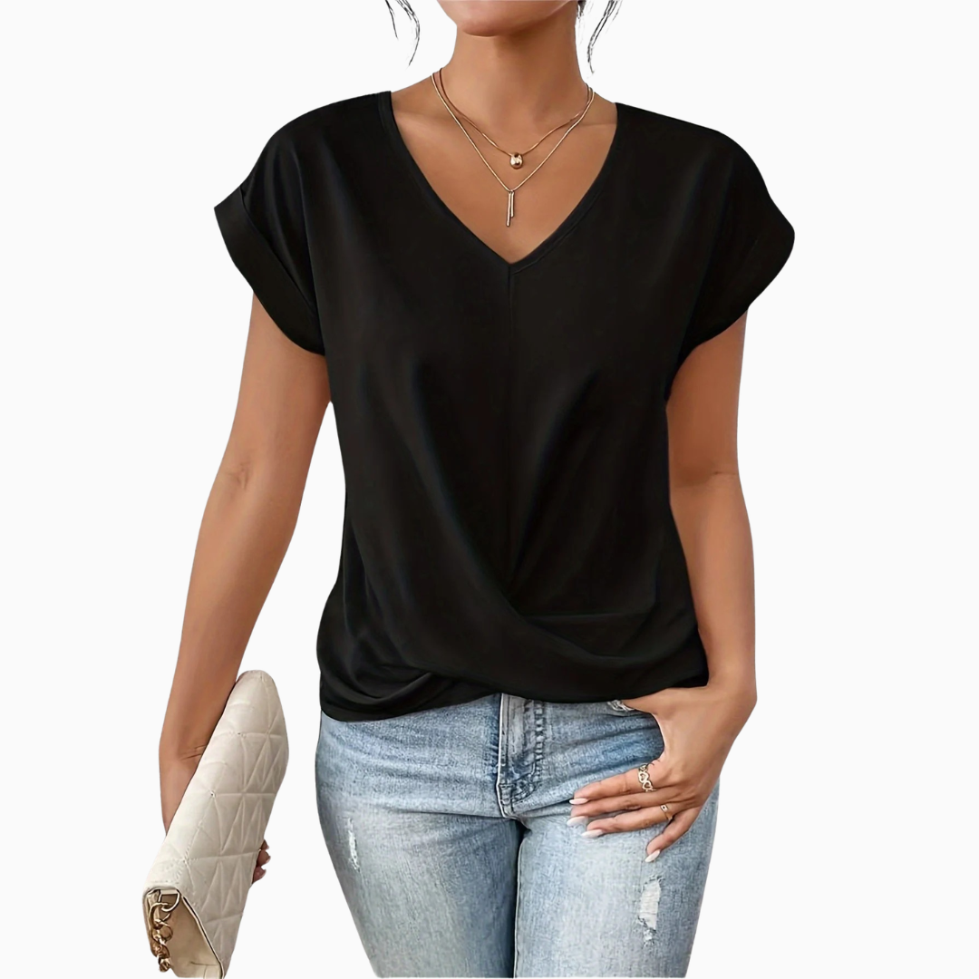 Blouse Femme Col V avec Détail Croisé – Haut Décontracté Manches Courtes