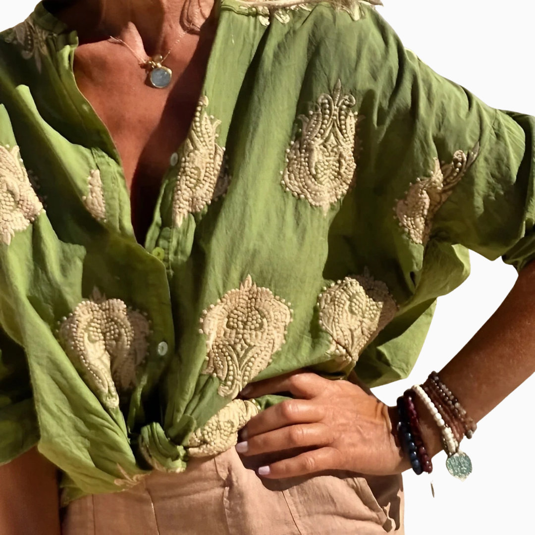 Chemise Femme Brodée – Blouse Légère Boutonnée d’Été