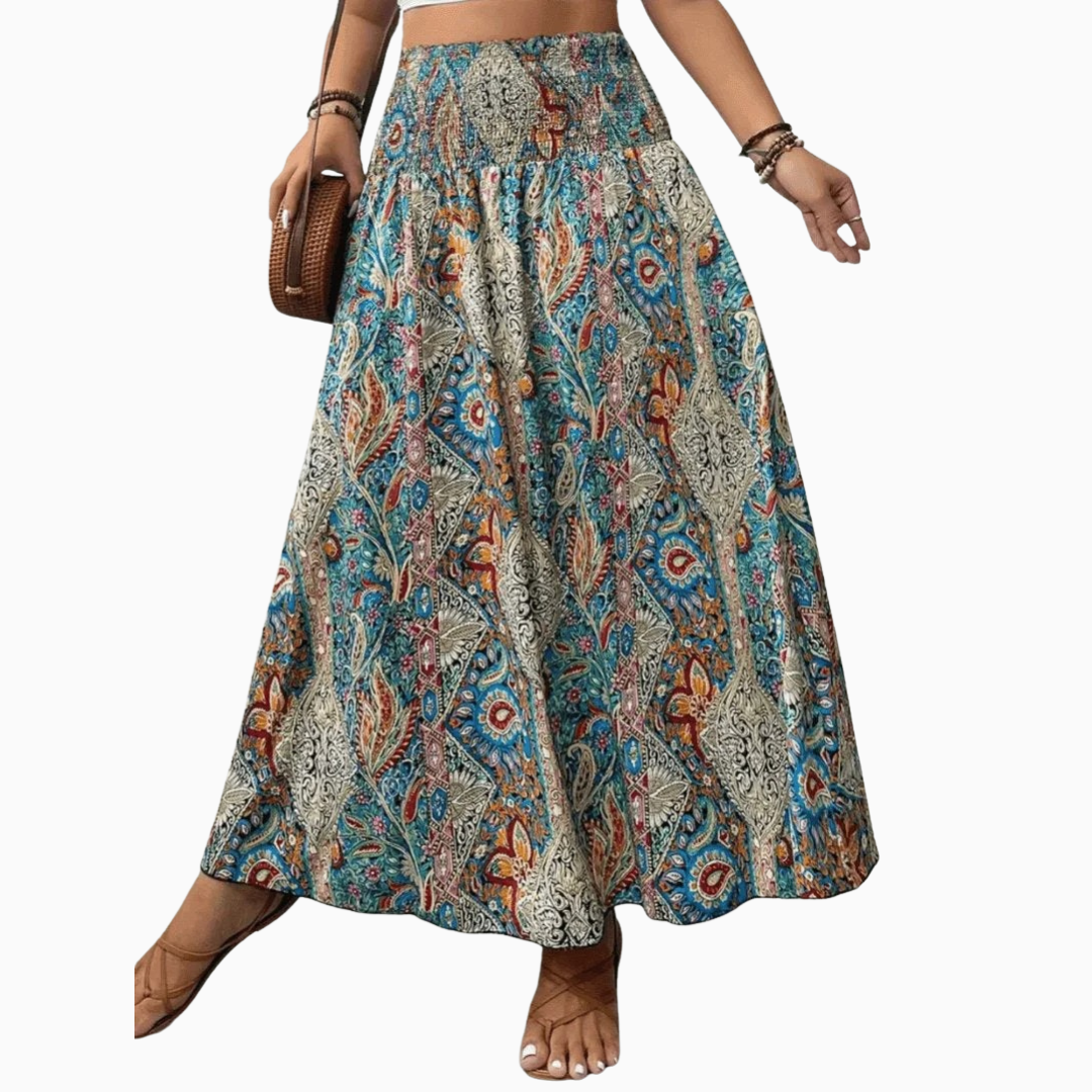 Jupe maxi femme taille haute smockée imprimé intégral longueur cheville