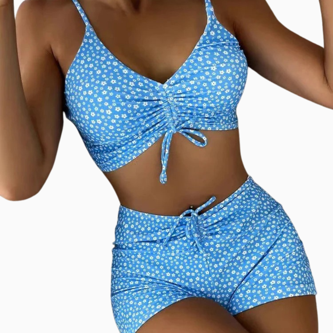 Louna | bikini femme à fleurs avec slip taille haute et haut à nouer