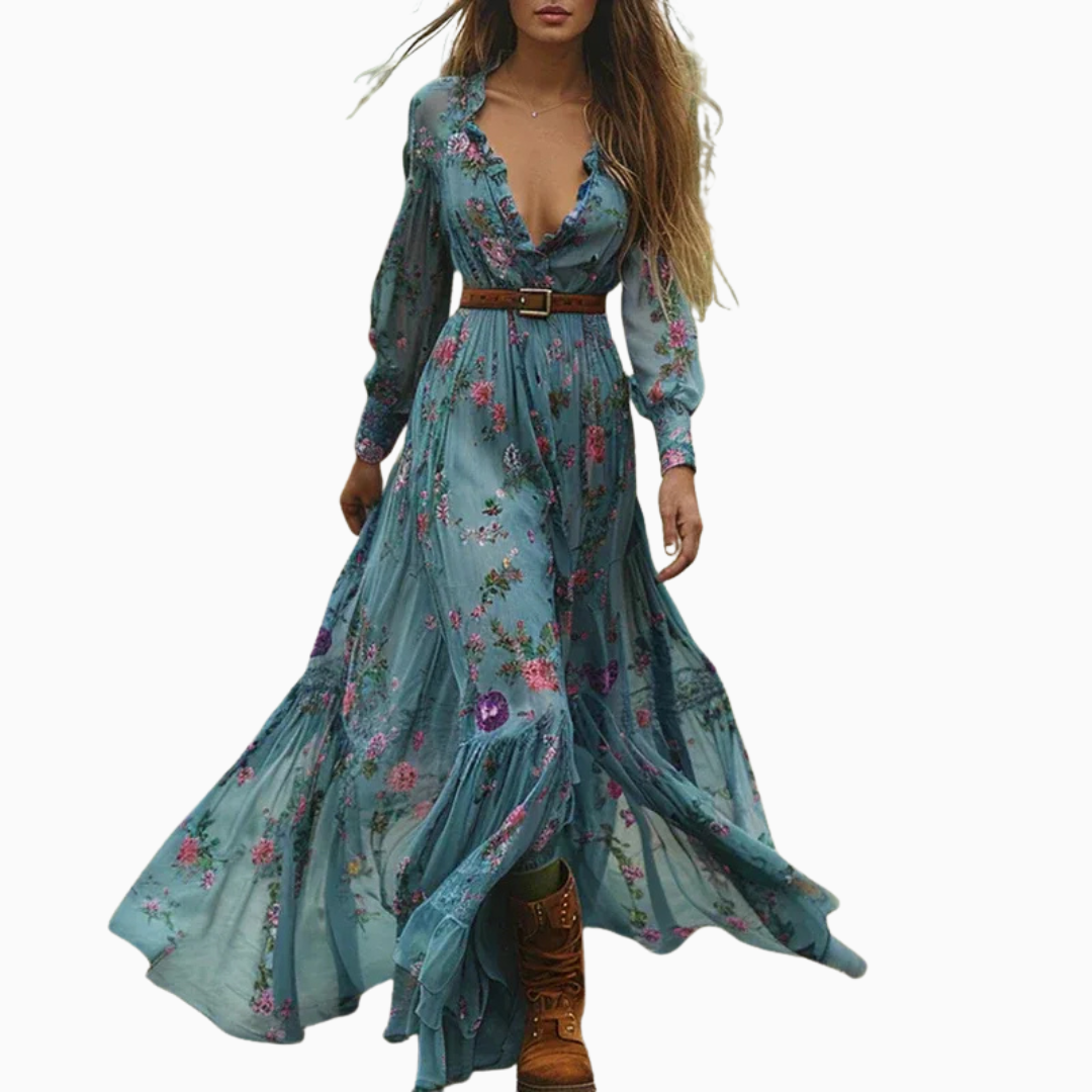 Robe maxi femme col en V manches longues transparentes broderies florales jupe plissée ceinture nouée