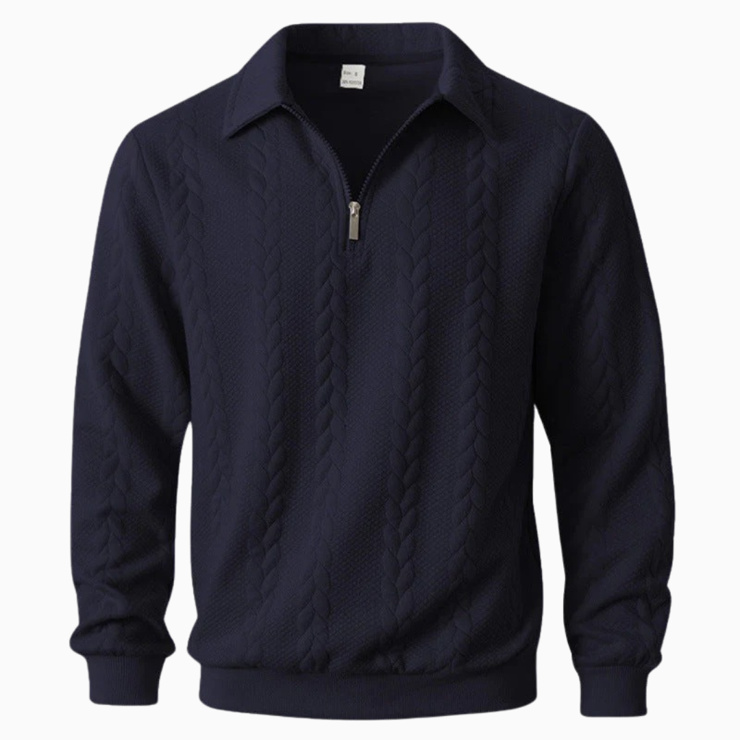 Pull homme col polo zippé maille torsadée manches longues coupe droite