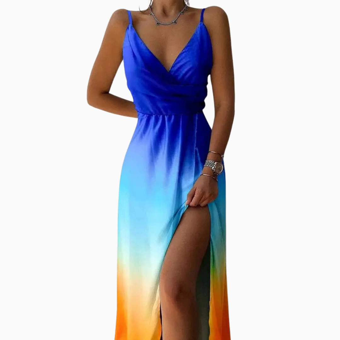 Robe maxi femme col en V sans manches buste froncé imprimé floral fente latérale