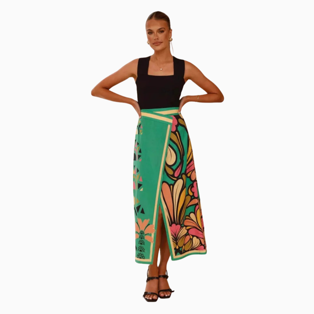 Jupe midi femme taille haute portefeuille fente latérale imprimé graphique