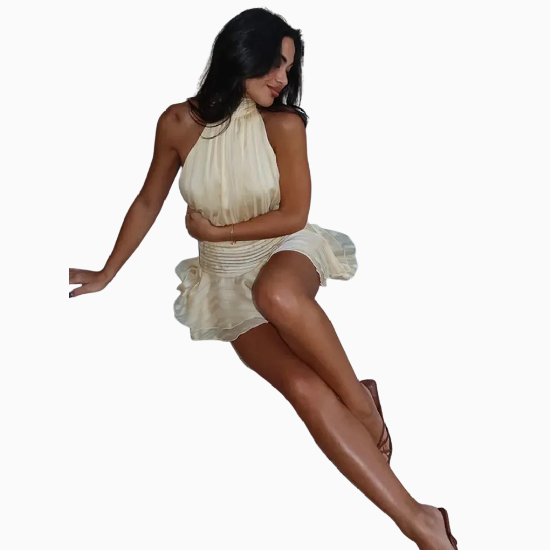 Robe mini femme col halter col montant sans manches taille élastique jupe en mousseline superposée