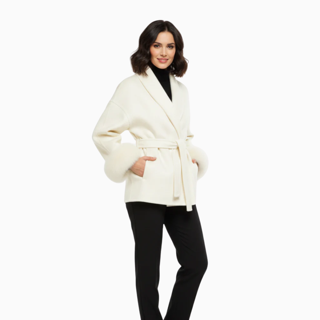 Manteau femme ceinturé col châle manches longues poignets effet fourrure