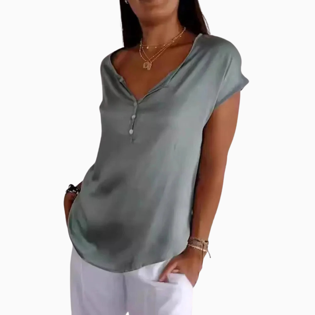 T-shirt femme col en V boutonné manches courtes coupe fluide