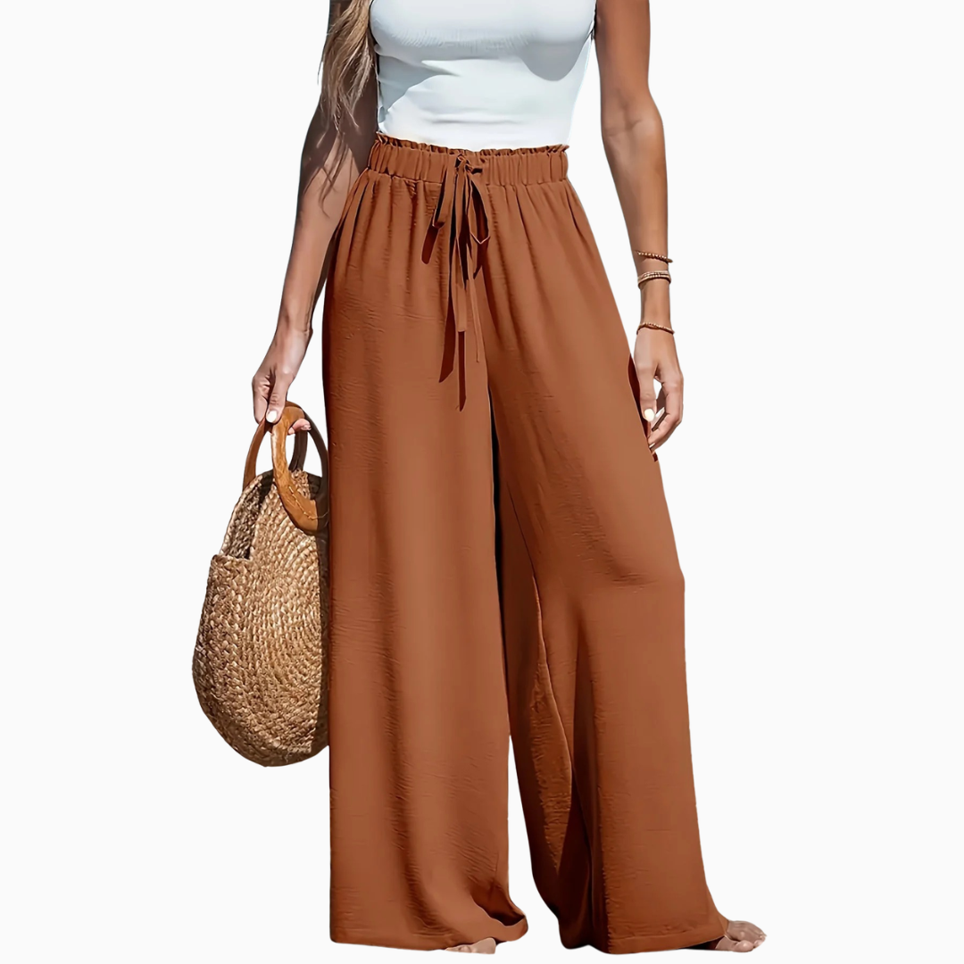Pantalon femme coupe large taille haute élastique lien à nouer longueur au sol