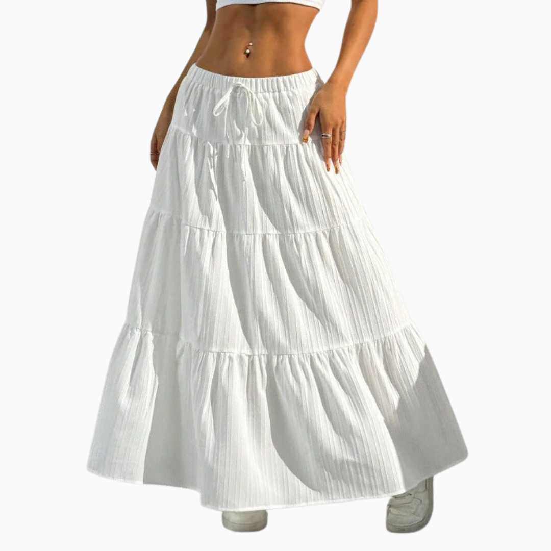 Jupe maxi femme taille haute élastique lien à nouer volants superposés longueur cheville
