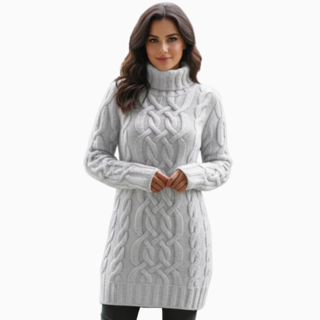 Robe Pull Femme Classique Maille Torsadée Coupe Ajustée Col Montant