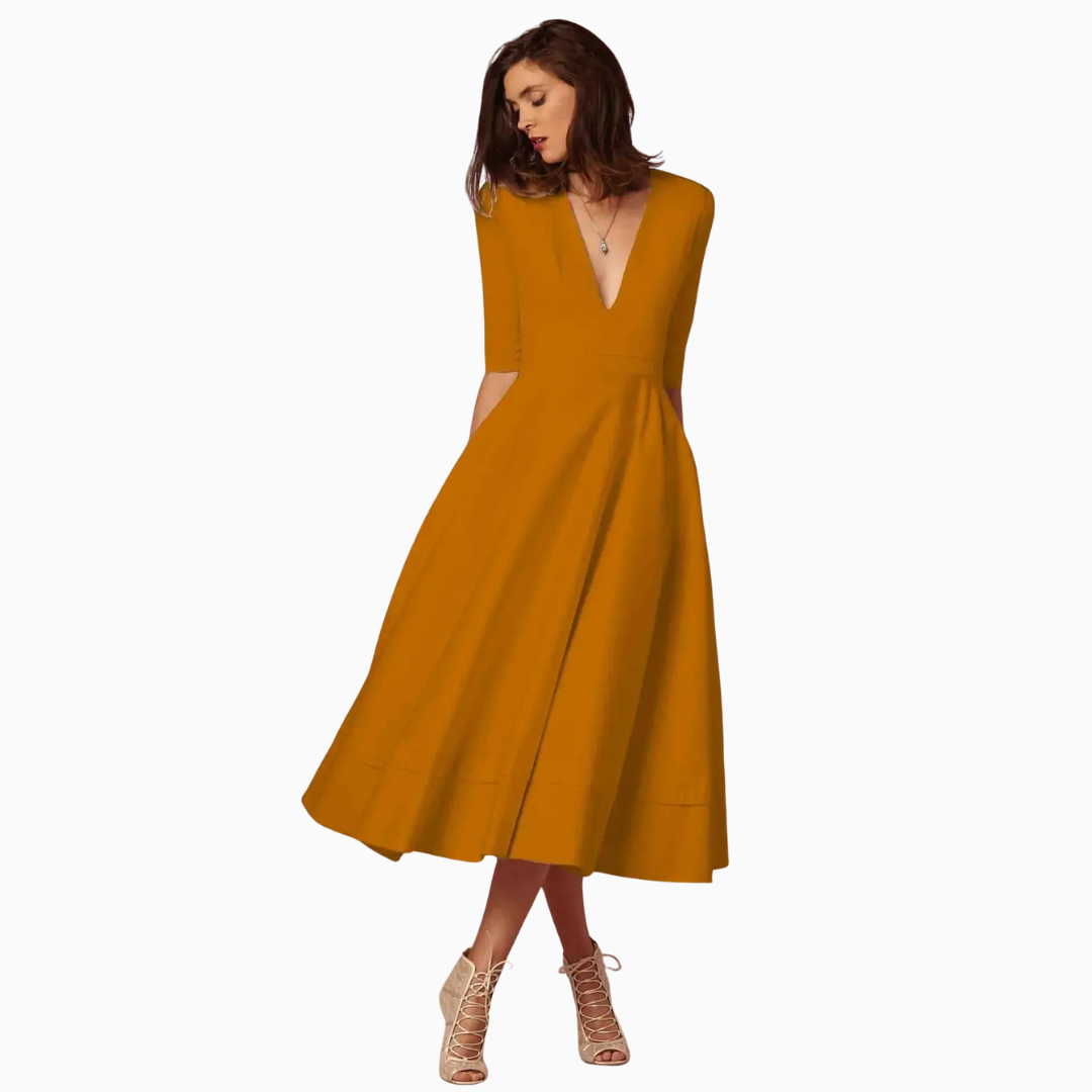 Robe midi femme col en V manches trois-quarts taille ajustée jupe évasée