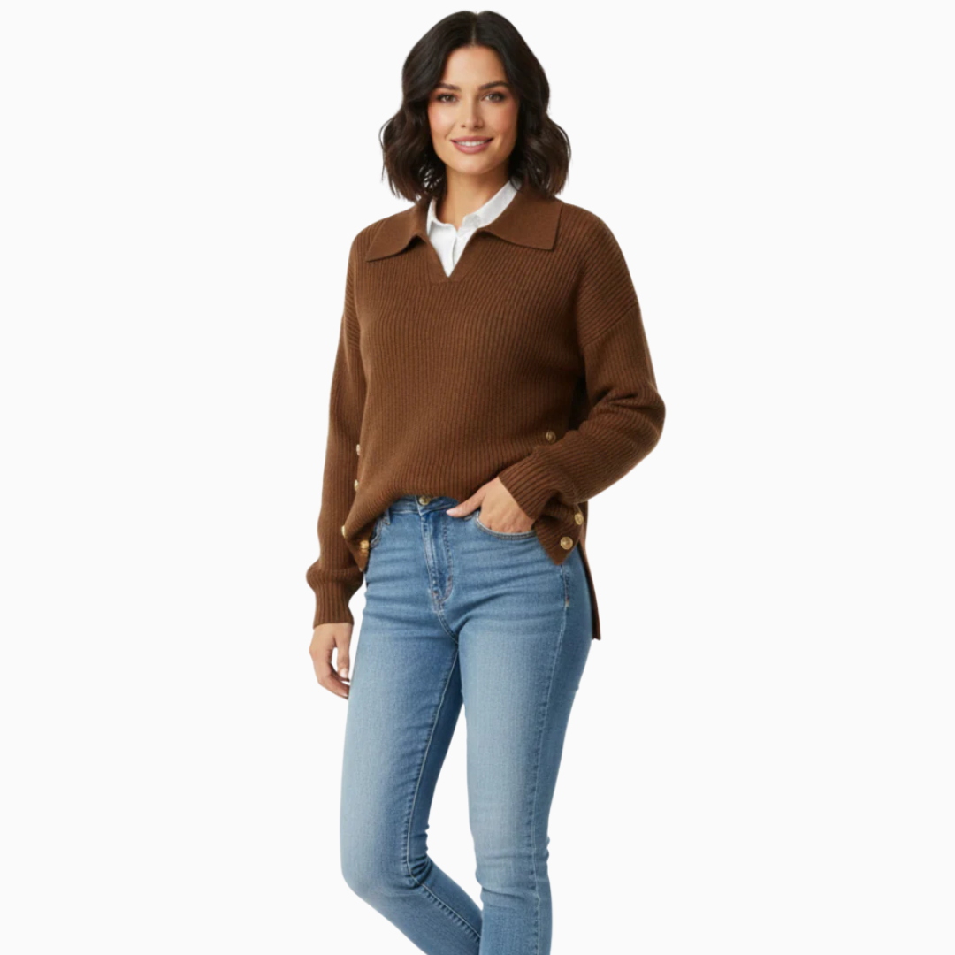 Pull femme col polo manches longues boutons latéraux coupe ample