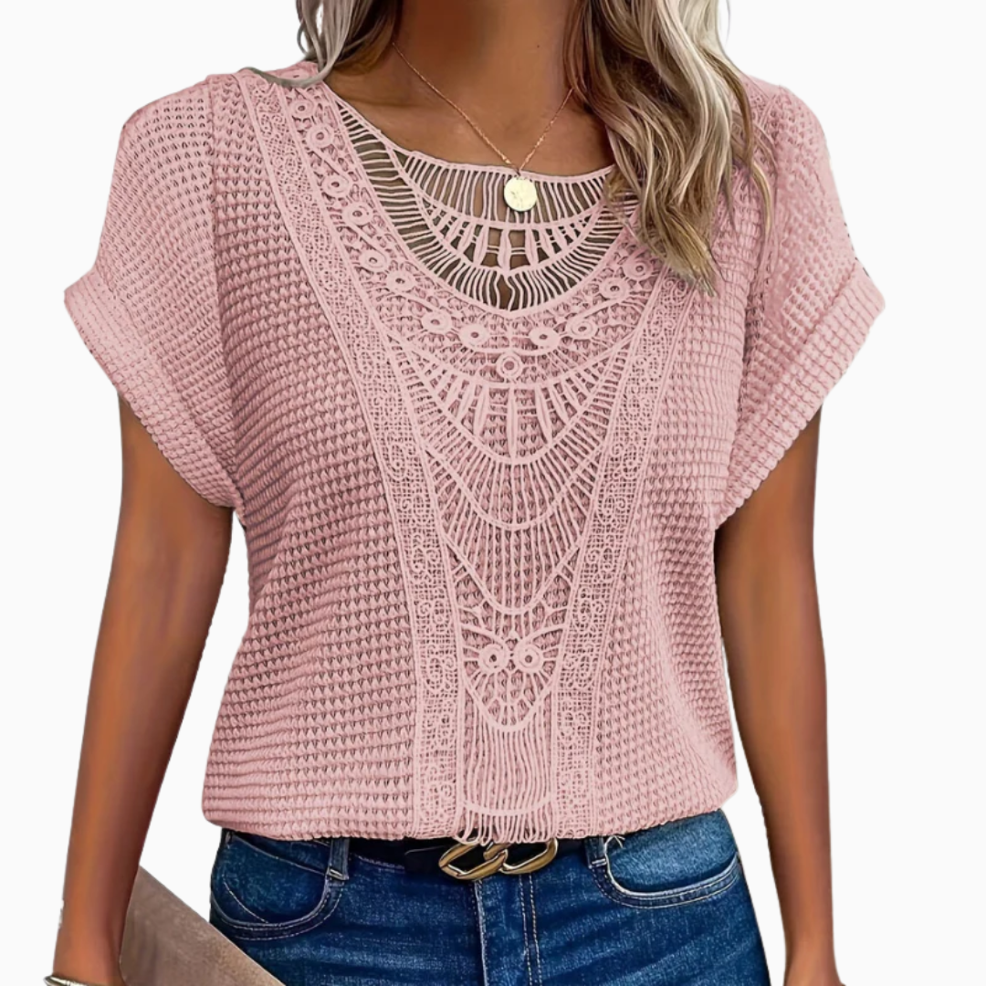Haut Femme Texturé avec Empiècement en Crochet Blouse Décontractée à Manches Courtes