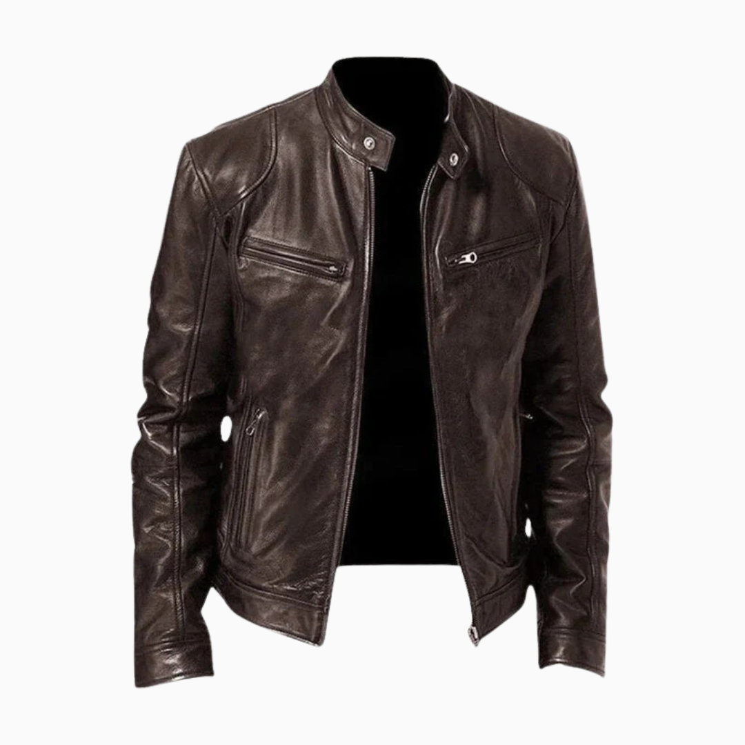 Veste Homme en Similicuir Zippée Col Montant Style Biker Décontracté