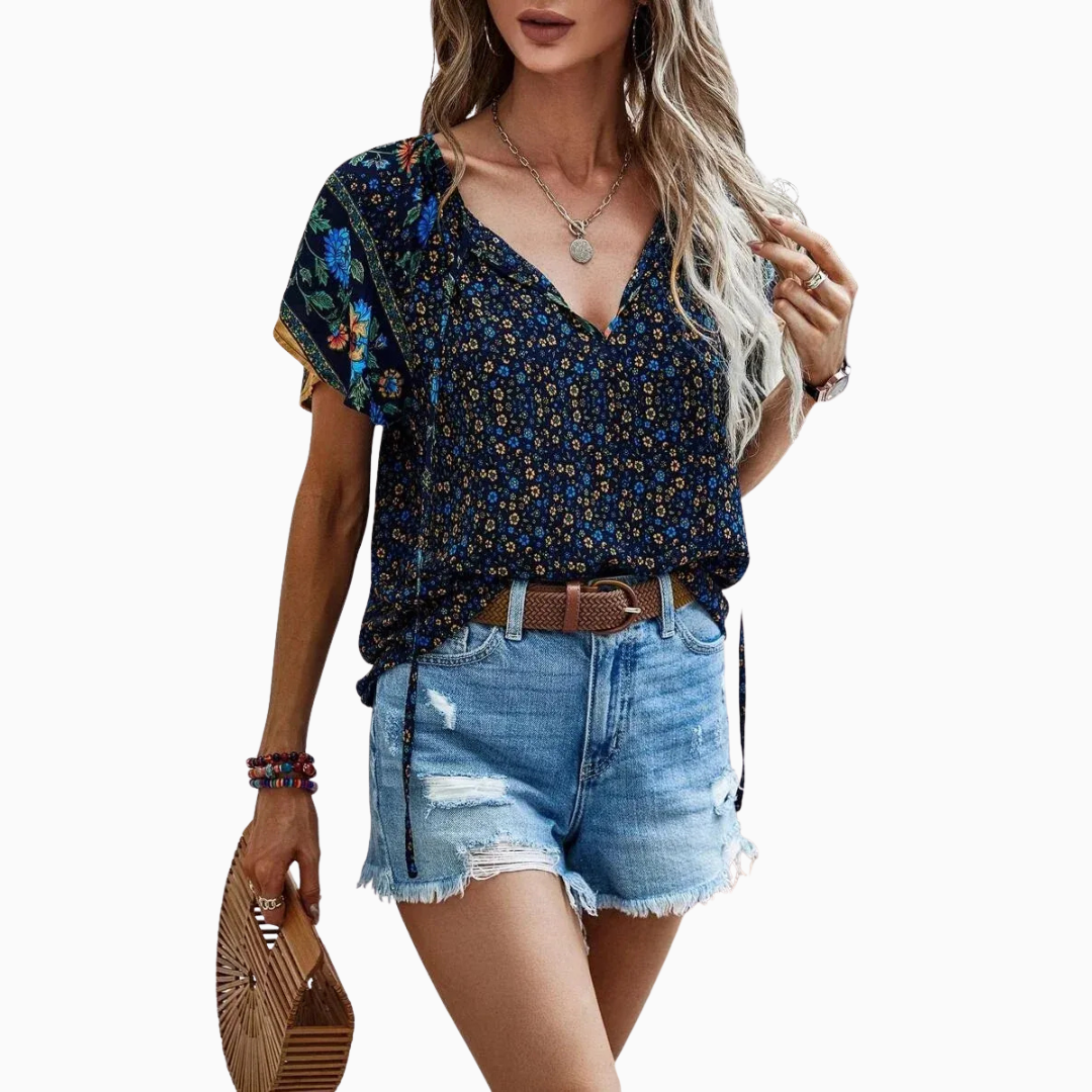 Blouse Femme Imprimé Floral avec Manches Volantes Haut Décontracté d’Été