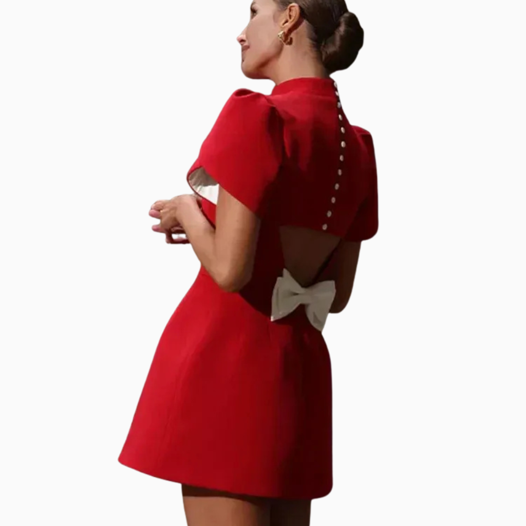 Robe mini femme col montant manches courtes épaules structurées coupe ajustée