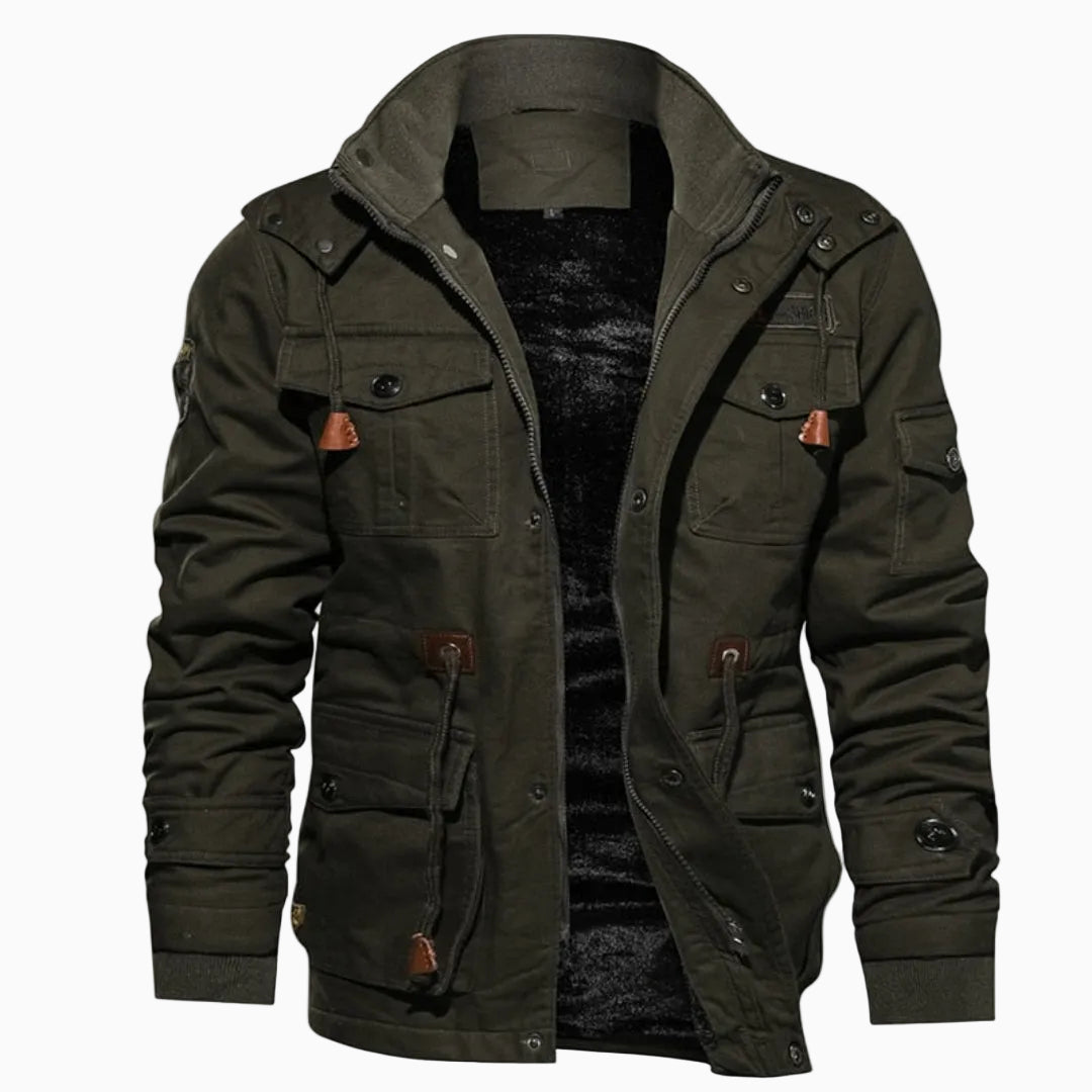 Veste Homme Style Militaire à Capuche Multi-Poches Fermeture Zippée Manches Longues