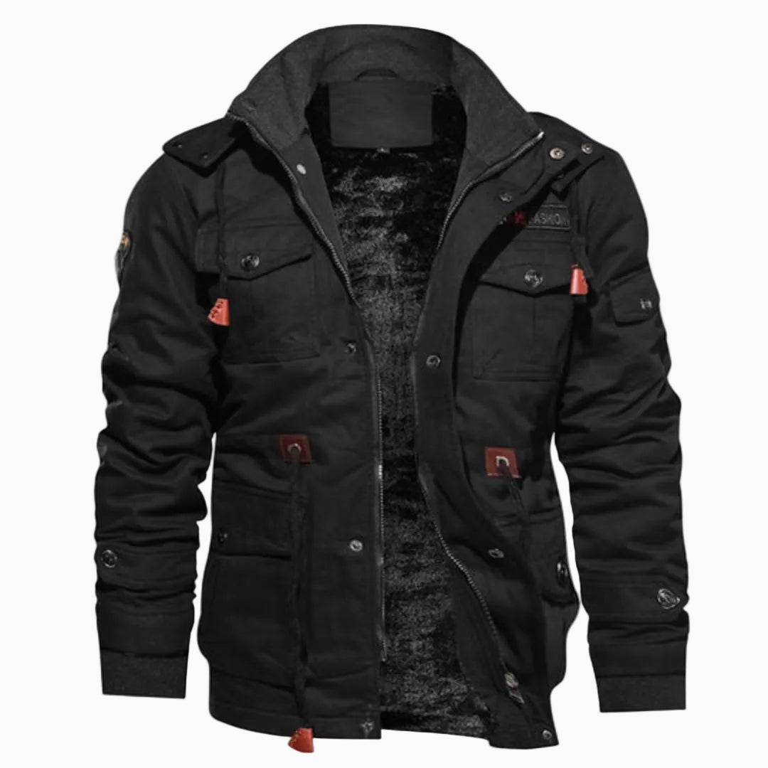 Veste Homme Style Militaire à Capuche Multi-Poches Fermeture Zippée Manches Longues