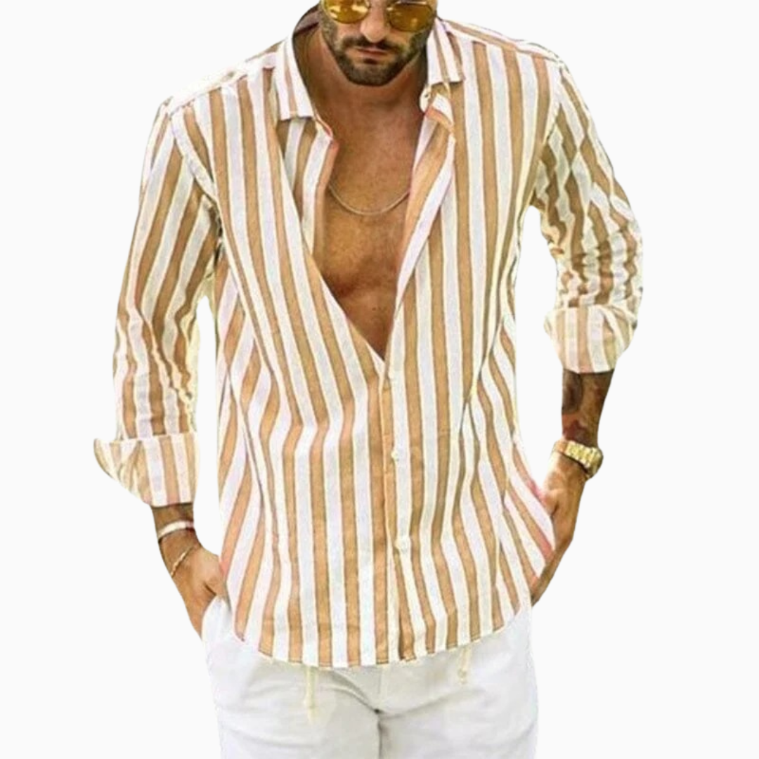Blouse Homme Rayures – Manches Longues Légère Col Ouvert | Style Estival Décontracté
