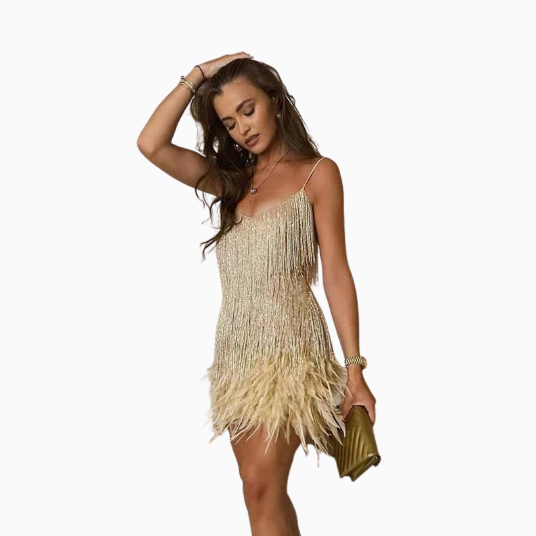 Robe Courte Femme Franges & Plumes – Bretelles Fines Col V | Look Soirée Glamour