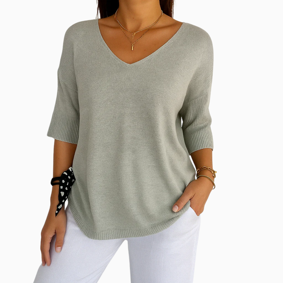 Pull Femme Col V Maille Légère Manches Courtes Coupe Décontractée