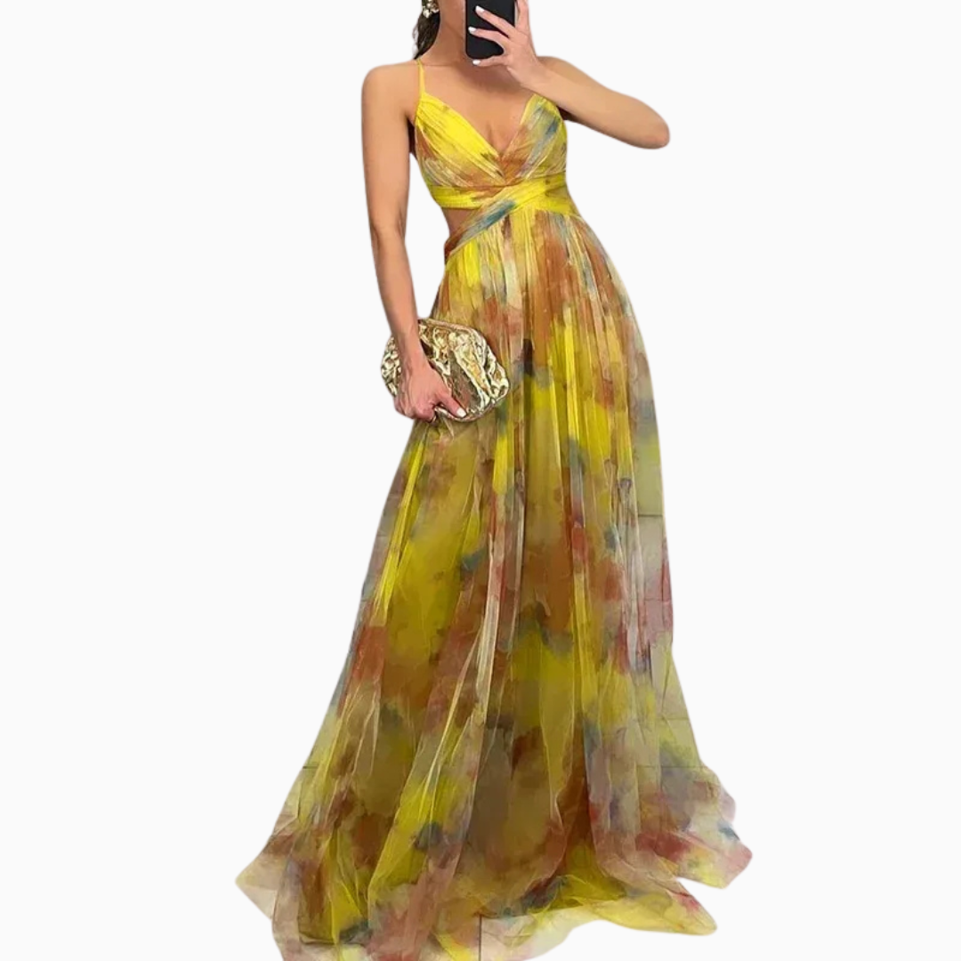 Robe maxi femme col en V bretelles fines buste froncé jupe plissée imprimé floral