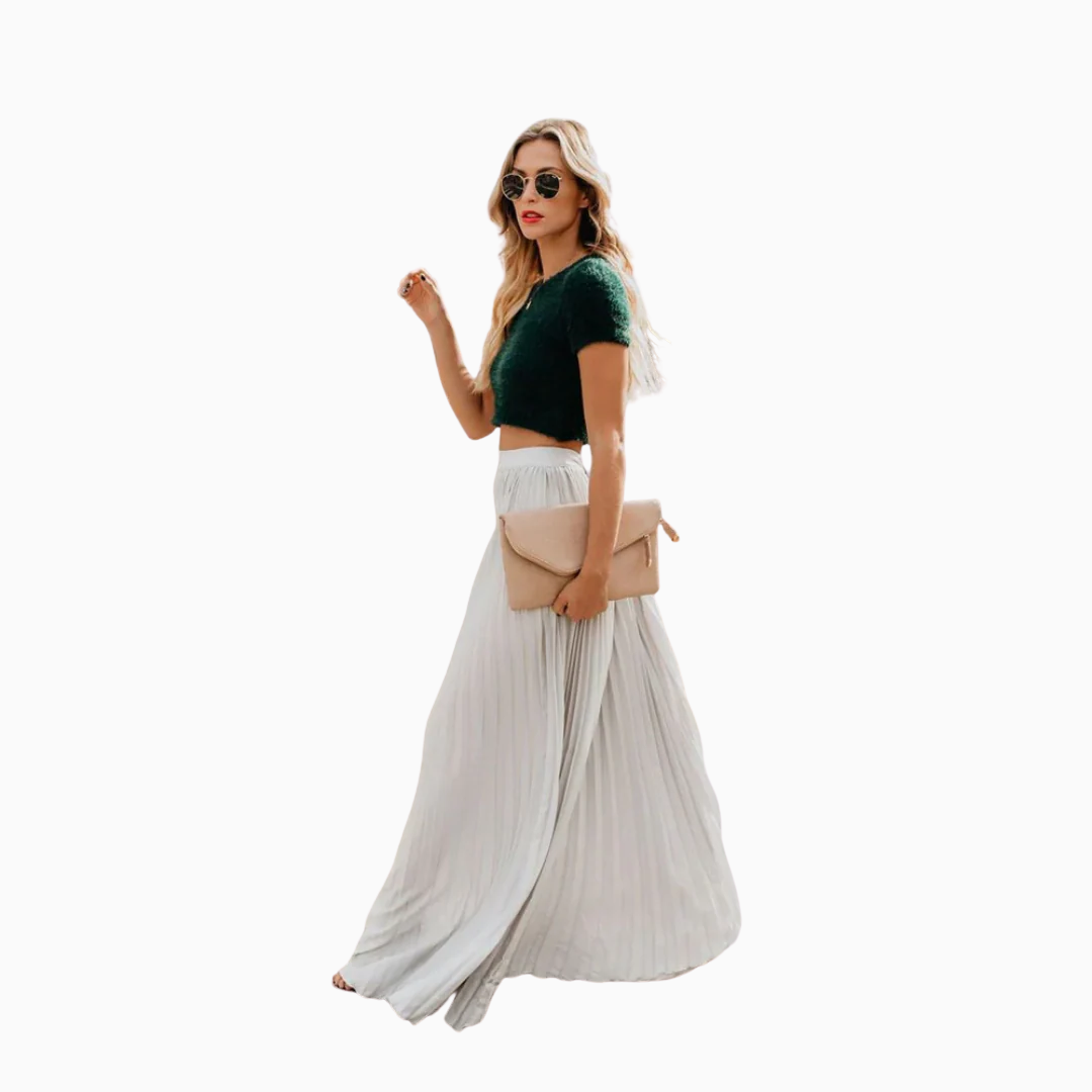 Amandine | Jupe longue plissée taille haute avec tombé fluide et allure élégante