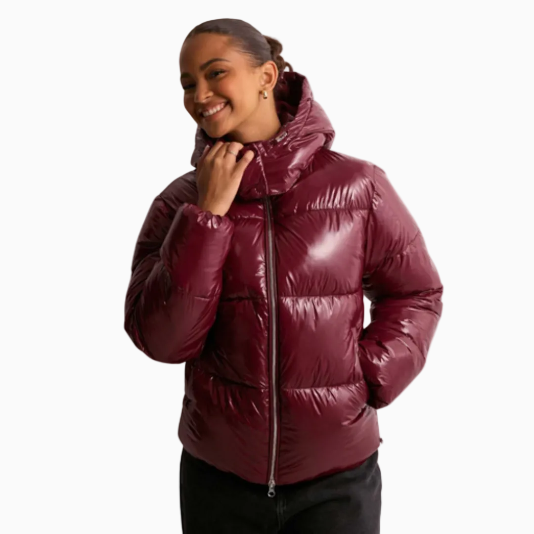 Doudoune femme brillante à capuche manches longues hiver stylée