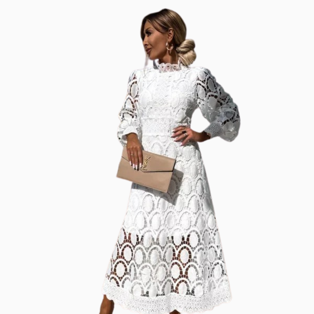 Robe Midi Femme Dentelle & Jupe Évasée – Col Montant Manches Bouffantes | Élégance Romantique