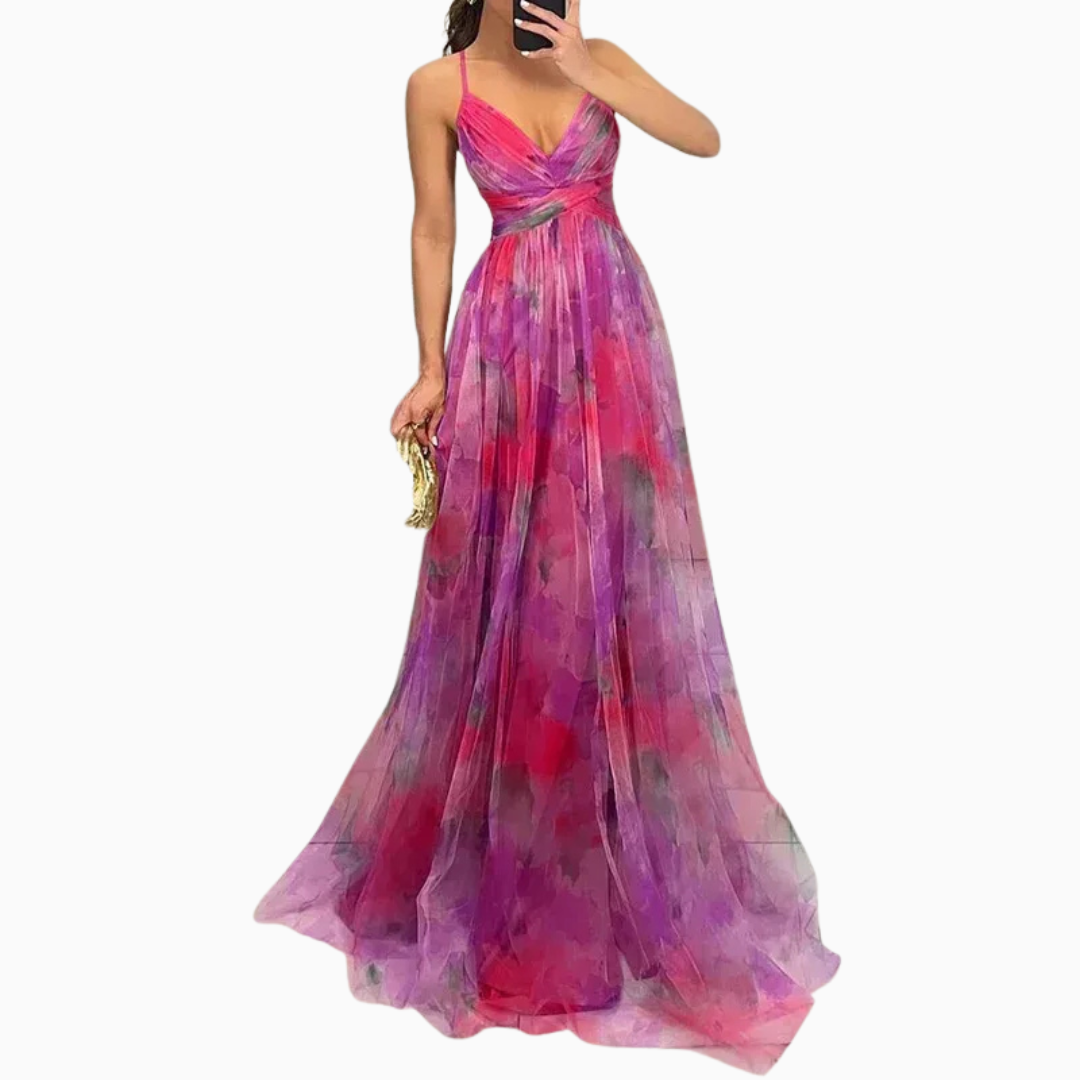 Robe maxi femme col en V bretelles fines buste froncé jupe plissée imprimé floral