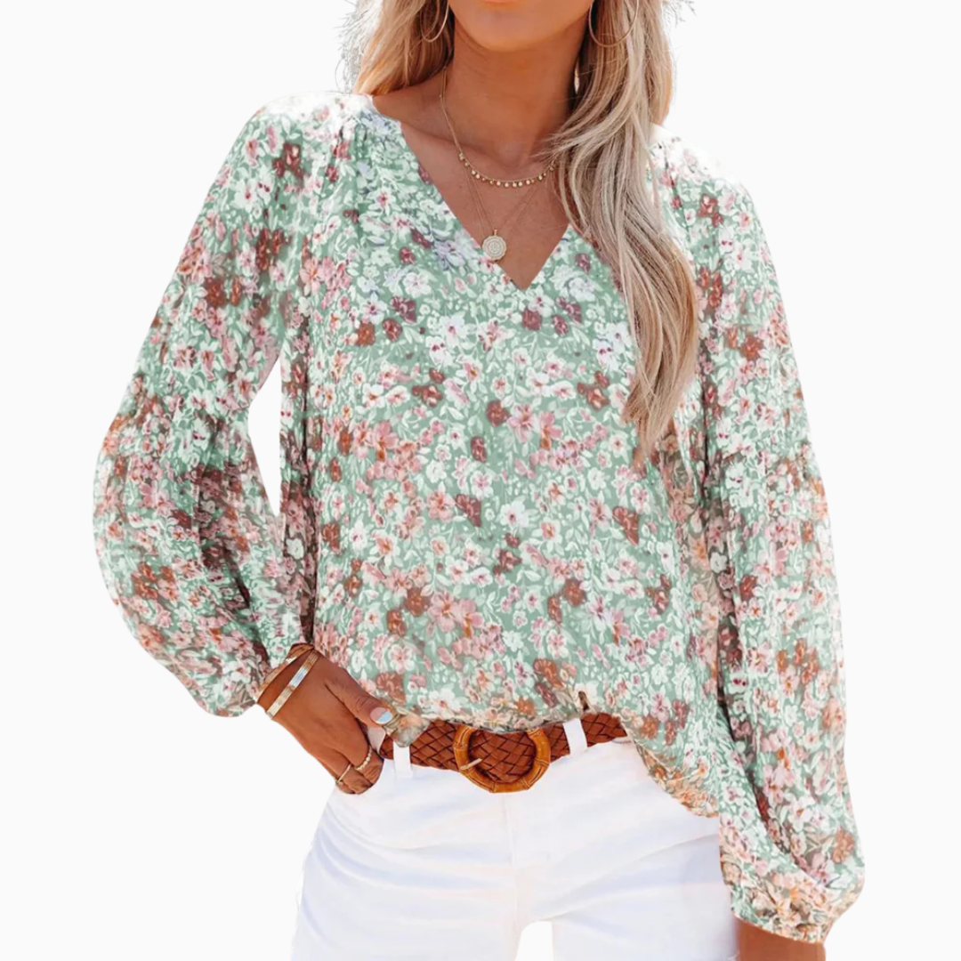 Blouse Femme Fleurie Col V – Manches Longues Légère & Fluide | Look Féminin pour les Beaux Jours