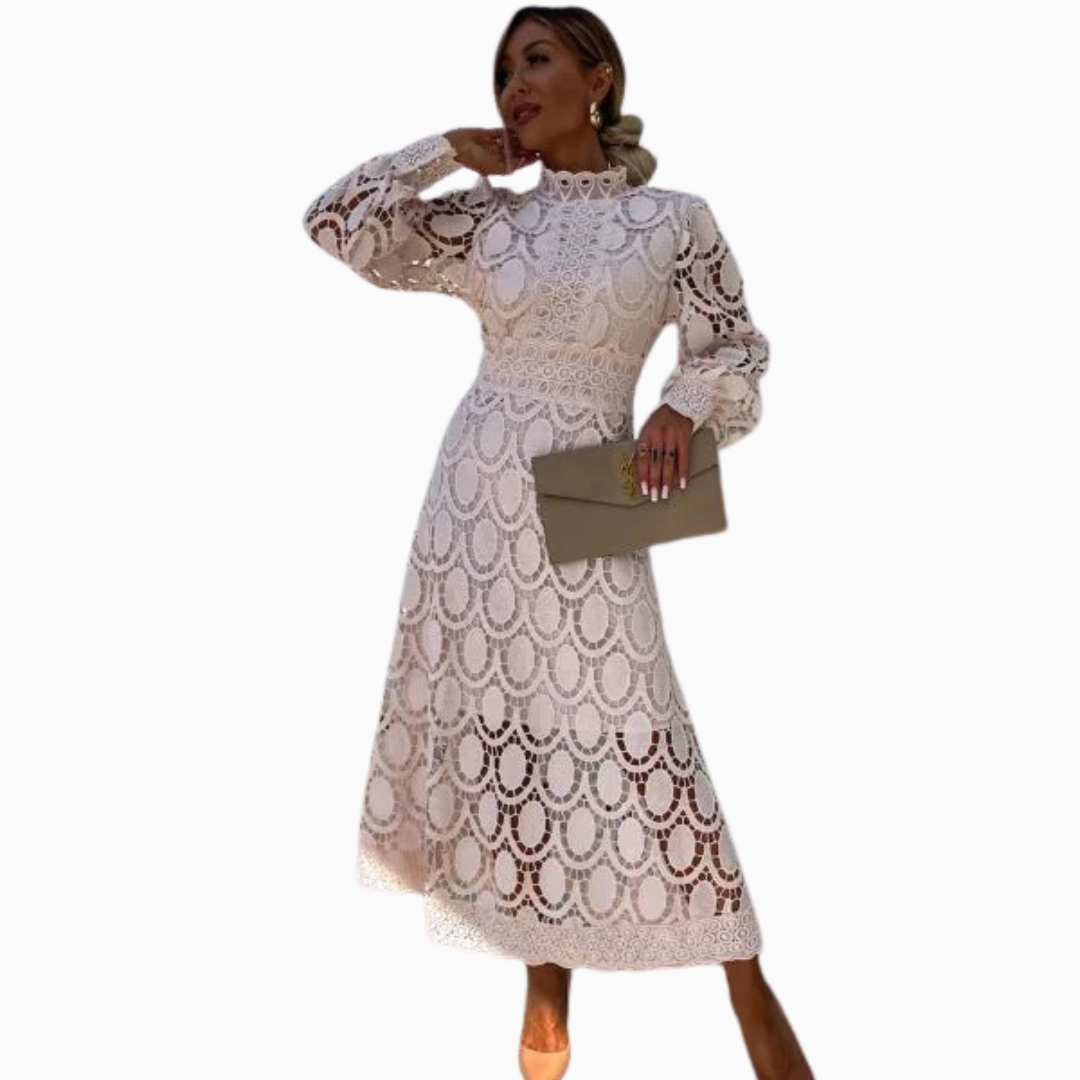 Robe Midi Femme Dentelle & Jupe Évasée – Col Montant Manches Bouffantes | Élégance Romantique