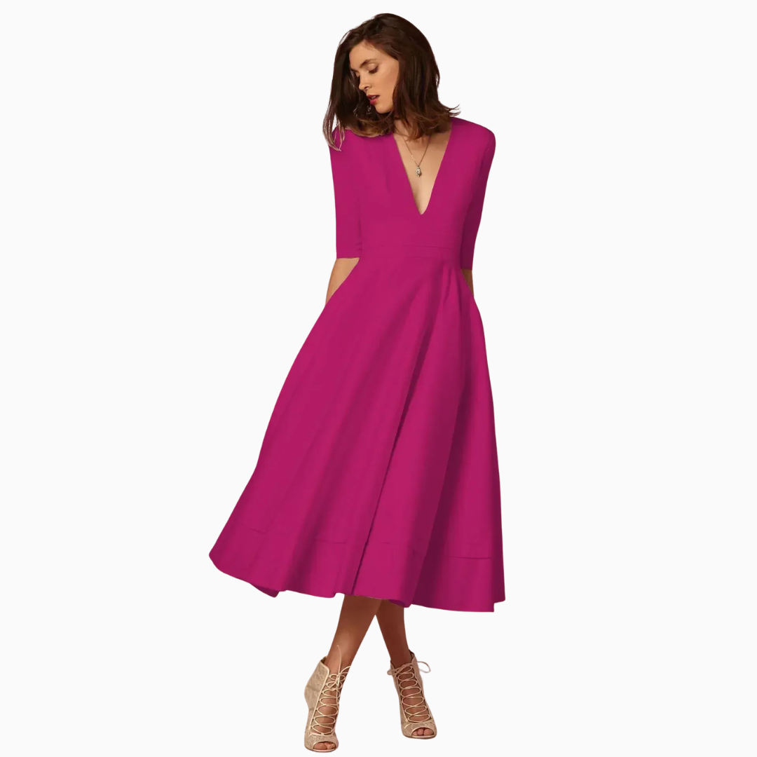 Robe Midi Femme Col V – Taille Ajustée Jupe Évasée | Silhouette Chic au Quotidien