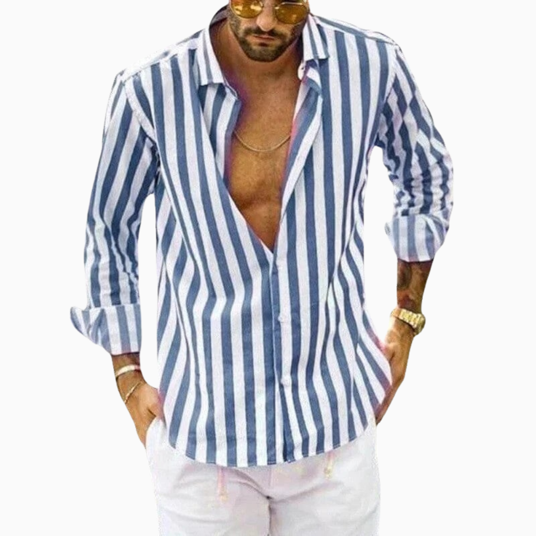 Blouse Homme Rayures – Manches Longues Légère Col Ouvert | Style Estival Décontracté